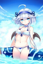 1girl ahoge ajitarou_(setsu) blue_sky breasts demon_wings emil_chronicle_online frilled_hairband frills hairband highres looking_at_viewer medium_breasts mitama_aria sky soaking_feet surfboard swimsuit wings