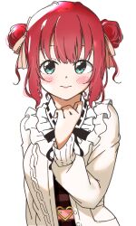 1girl 3: aqua_eyes blush brown_dress closed_mouth commentary_request double_bun dress frills frown hair_bun highres jacket kurosawa_ruby liz_(piyoko_piyop) long_sleeves love_live! love_live!_sunshine!! open_clothes open_jacket puffy_long_sleeves puffy_sleeves red_hair short_hair sideways_glance simple_background solo upper_body white_background white_jacket