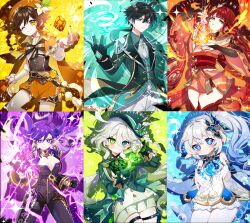 2boys 4girls absurdres ahoge alternate_color alternate_eye_color alternate_hair_color alternate_universe aqua_eyes aqua_hair ascot asymmetrical_gloves bare_shoulders beret biker_clothes bikesuit black_bodysuit black_bow black_bowtie black_coat black_gloves black_hair bloomers blue_eyes blue_hair blue_sleeves blush bodysuit bow bowtie braid braided_ponytail breasts bridal_gauntlets brown_hair bubble cape cleavage closed_mouth coat commentary_request cowboy_shot detached_sleeves dress drop-shaped_pupils earrings electro_symbol_(genshin_impact) finger_frame fire flower furina_(genshin_impact) gem genshin_impact geo_symbol_(genshin_impact) gloves gold_trim gradient_hair green_ascot green_background green_bow green_eyes green_gemstone green_gloves green_hair green_hat green_jacket green_pupils green_ribbon green_theme hair_between_eyes hair_ornament hand_up hands_up hat hat_bow hat_flower hat_ribbon heterochromia highres holding holding_sword holding_weapon human_scabbard jacket japanese_clothes jewelry kimono large_breasts light_smile long_hair long_sleeves looking_at_viewer mavuika_(genshin_impact) mismatched_gloves mole mole_under_eye multicolored_hair multiple_boys multiple_girls musou_isshin_(genshin_impact) nahida_(genshin_impact) nail_polish obi obiage obijime oishii_sasa one_eye_closed orange_eyes orange_kimono orange_nails outstretched_arms pale_skin palette_swap pants pantyhose parted_lips pointy_ears purple_eyes purple_hair pyro_symbol_(genshin_impact) raiden_shogun red_hair red_thighhighs ribbon sash shirt short_hair_with_long_locks short_kimono shorts shrug_(clothing) side_ponytail single_braid sleeveless sleeveless_dress smile streaked_hair sword symbol-shaped_pupils symbol_in_eye thigh_strap thighhighs thighs twin_braids twitter_username underwear venti_(genshin_impact) very_long_hair vision_(genshin_impact) weapon white_bloomers white_dress white_gloves white_hair white_pants white_pantyhose white_shirt white_shorts wide_sleeves yellow_eyes yellow_hat yellow_shorts zhongli_(genshin_impact)