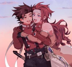 Rule 34 | 2boys, absurdres, aemono (lemolemo lmn), blue eyes, blush, brown hair, gloves, happy, headband, highres, hug, jacket, laughing, lloyd irving, long hair, looking at another, male focus, multiple boys, open mouth, pants, red hair, scabbard, sheath, short hair, sky, smile, sword, tales of (series), tales of symphonia, weapon, white headband, yaoi, zelos wilder