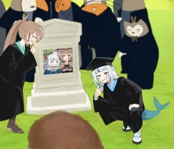 2girls black_robe blunt_bangs brown_hair clenched_teeth closed_eyes commentary crying ebi-chan_(gawr_gura) english_commentary feather_hair_ornament feathers fins fish_tail full_body gawr_gura grant_gustin_next_to_oliver_queen&#039;s_grave_(meme) grass grin hair_ornament half-closed_eyes hand_up hat high_ponytail hololive hololive_english hooman_(nanashi_mumei) long_hair melodyguru meme mortarboard multiple_girls nanashi_mumei outdoors ponytail robe shark_girl shark_tail sharp_teeth smile squatting tail tearing_up teeth tombstone v v-shaped_eyebrows virtual_youtuber