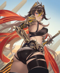 1girl ass black_gloves black_hair blonde_hair blue_eyes blurry blurry_background blush breasts claymore_(sword) commentary_request crossed_bangs cuboon dehya_(genshin_impact) elbow_gloves fingerless_gloves from_behind genshin_impact gloves hair_between_eyes hair_intakes highres holding holding_weapon large_breasts long_hair looking_at_viewer looking_back multicolored_hair parted_lips revision solo streaked_hair thighs underboob weapon