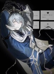 1boy absurdres angel_wings arms_up asymmetrical_clothes asymmetrical_coat blue_coat blue_pupils bound bound_arms coat dark double_halo earrings emoji feathered_wings gold_earrings gold_halo grey_hair hair_between_eyes hair_intakes halo halo_behind_head hashtag-only_commentary head_wings highres honkai:_star_rail honkai_(series) jewelry kashiko_0911 leaning_back looking_down male_focus medium_hair multicolored_coat own_hands_together patterned_clothing piercing solo spiked_halo sunday_(honkai:_star_rail) thorns three-quarter_sleeves two-tone_coat white_coat white_hair white_wings wings yellow_eyes