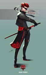 1boy adam_taurus black_blindfold black_footwear black_jacket black_pants blindfold character_name closed_mouth commentary copyright_logo copyright_name english_commentary flower full_body glint highres holding holding_sword holding_weapon horns jacket katana male_focus official_art pants red_hair rose rwby sheath short_hair signature solo sword unsheathing uyalago weapon