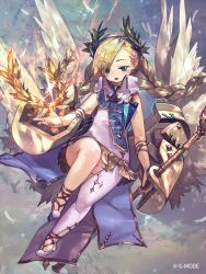 1girl blonde_hair blue_eyes blue_hairband blue_tabard braid dress full_body hairband holding holding_staff laurel_crown long_hair looking_at_viewer nike_(soukyuu_no_skygalleon) official_art shoes single_thighhigh so-taro solo soukyuu_no_skygalleon staff tabard thighhighs twin_braids white_dress white_shoes white_wings wings