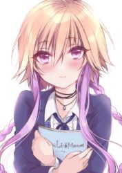 1girl black_choker bloom blue_jacket blue_ribbon blush book braid center_frills choker closed_mouth collared_shirt commentary_request frills hair_between_eyes hair_flaps hands_up highres holding holding_book hugging_object idolmaster idolmaster_cinderella_girls jacket layered_sleeves long_hair long_sidelocks long_sleeves looking_at_viewer multicolored_hair neck_ribbon ninomiya_asuka nuno_kire orange_hair pink_eyes purple_hair ribbon school_uniform shirt sidelocks simple_background smile solo straight_hair twin_braids two-tone_hair upper_body white_background white_shirt