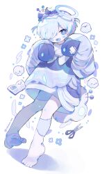 Rule 34 | 1girl, absurdres, barefoot, blue theme, cotono (nazekun), full body, ghost, hair over one eye, halo, hands up, highres, long sleeves, looking at viewer, one eye covered, open mouth, original, pincushion, scissors, short hair, simple background, smile, solo, white background