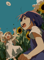2girls bang_dream! blue_dress blue_hair blue_sky blush brown_eyes cloud coldcat. cowboy_shot dot_nose dress flower flower_field grey_hair hands_up hat_loss highres looking_up multiple_girls open_mouth pinafore_dress purple_eyes seta_kaoru shirasagi_chisato shirt short_hair short_sleeves sidelocks sky sleeveless sleeveless_dress rectangular_mouth sundress sunflower sunflower_field sweatdrop teeth upper_teeth_only white_dress white_headwear white_shirt