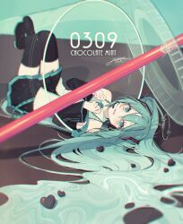 1girl 39 @_@ akakura aqua_eyes aqua_hair aqua_necktie bare_shoulders black_boots black_skirt black_sleeves boots candy chocolate chocolate_heart chromatic_aberration commentary_request cup detached_sleeves disposable_cup drinking_straw food grey_shirt hair_between_eyes hair_ornament hatsune_miku headset heart highres in_container in_cup long_bangs long_hair looking_at_viewer lying miku_day mini_person minigirl necktie on_back pleated_skirt revision seeing_stars shirt signature skirt sleeveless sleeveless_shirt solo spill thigh_boots thighhighs tie_clip twintails very_long_hair vocaloid white_shirt zettai_ryouiki