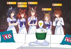 Rule 34 | 1boy, 5girls, :p, absurdres, ahoge, bails, black hair, blue eyes, bound, brown hair, commentary request, couch, ear covers, eishin flash (umamusume), from behind, gameplay mechanics, grass wonder (umamusume), hair between eyes, hair ornament, heavy breathing, highres, horse girl, looking at viewer, medium hair, meme, multiple girls, nice nature (umamusume), parody, piper perri surrounded (meme), red hair, school uniform, simple background, symboli rudolf (umamusume), tied up (nonsexual), tongue, tongue out, tracen school uniform, trainer (umamusume), translation request, umamusume, yes-no pillow, you gonna get raped