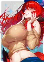 Rule 34 | 1girl, absurdres, akage (vocaloid), animal ears, aqua background, beret, blue skirt, blush, border, breasts, brown sweater, commentary request, gradient hair, grey background, grin, hair between eyes, hat, highres, huge breasts, large breasts, lips, long hair, long sleeves, looking at viewer, momoyama tits, multicolored hair, navel, red eyes, red hair, sidelocks, simple background, skirt, smile, solo, sweater, tail, taut sweater, turtleneck, turtleneck sweater, upper body, vocaloid, white border
