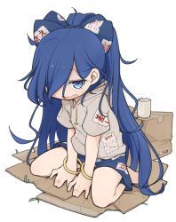 1girl bangle blue_bow blue_eyes blue_hair blue_skirt blush bow bracelet cup grey_hoodie hair_bow hair_over_one_eye highres hood hoodie jewelry long_hair looking_at_viewer messy_hair open_mouth short_sleeves simple_background skirt solo touhou turnip_kabura white_background yorigami_shion