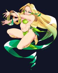 1girl barbariccia bikini blonde_hair breasts closed_mouth final_fantasy final_fantasy_iv green_eyes hair_ornament jewelry loincloth long_hair looking_at_viewer nail_polish navel simple_background smile solo square_enix swimsuit very_long_hair yashiro_(hati)
