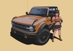 1girl absurdres animal_ears arhentol baseball_cap black_gloves black_hat black_shorts blue_eyes boots breasts car cleavage commentary commission dice english_commentary fingerless_gloves ford ford_bronco gloves hands_on_own_hips hat headset highres horse_ears horse_girl horse_tail long_hair looking_at_viewer medium_breasts motor_vehicle orange_background orange_boots orange_tube_top original parted_lips ponytail pouch shadow shorts smile solo sports_utility_vehicle strapless tail thigh_pouch thigh_strap tube_top vehicle_focus