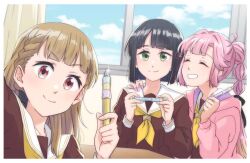 &gt;:) 3girls :d ^_^ anyoji_hime black_hair blue_sky blunt_bangs blunt_ends bob_cut border braid brown_dress brown_hair center-flap_bangs closed_eyes closed_mouth cloud commentary_request curtains day donpa dress dutch_angle green_eyes grin hasu_no_sora_school_uniform highres holding holding_pencil hood hooded_jacket indoors jacket kachimachi_kosuzu link!_like!_love_live! long_hair long_sleeves looking_at_viewer love_live! mechanical_pencil momose_ginko multi-tied_hair multiple_girls neckerchief open_clothes open_jacket open_mouth pencil pink_hair pink_jacket ponytail red_eyes sailor_collar sailor_dress school_uniform short_hair side_braids sidelocks sky smile split_mouth v-shaped_eyebrows virtual_youtuber white_border white_sailor_collar window winter_uniform yellow_neckerchief
