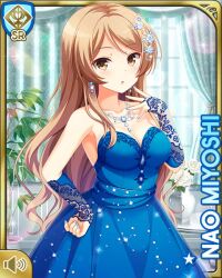 1girl :o blue_dress braid breasts brown_eyes brown_hair card_medium) character_name cleavage day dress earrings girlfriend_(kari) indoors jewelry long_hair miyoshi_nao necklace official_art open_mouth qp:flapper solo standing tagme window