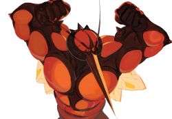 1other antennae bug buzzwole carapace clenched_hands commentary_request flexing gen_7_pokemon highres insect_wings l_1753ucon nintendo no_humans pokemon pokemon_(creature) pokemon_focus red_carapace simple_background solo ultra_beast upper_body white_background wings