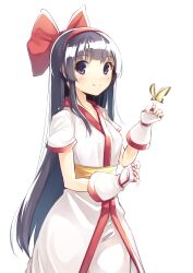 1girl ainu_clothes black_hair breasts bug butterfly fingerless_gloves gloves hair_ribbon highres index_finger_raised insect legs long_hair looking_at_viewer nakoruru pants purple_eyes ribbon samurai_spirits small_breasts smile snk solo the_king_of_fighters thighs