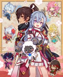 4boys 4girls animal_ears armor black_gloves black_hair blonde_hair blue_eyes blue_hair commentary_request dark-skinned_female dark-skinned_male dark_skin dog_boy dog_ears dog_tail flower fubuki_(rune_factory) glasses gloves green_eyes grin hair_between_eyes hair_flower hair_ornament hair_ribbon highres horns japanese_armor japanese_clothes kaguya_(rune_factory) kai_(rune_factory) kanata_(rune_factory) koori_(superumaice) kurama_(rune_factory) long_hair mask matsuri_(rune_factory) mini_person miniboy minigirl multicolored_hair multiple_boys multiple_girls open_mouth pink_flower pink_hair ponytail purple_eyes red_flower red_hair ribbon rune_factory rune_factory:_guardians_of_azuma smile subaru_(rune_factory) tail ulalaka weapon woolby