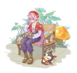1boy absurdres bench beret book boots brown_footwear cape capelet closed_mouth enzo_(roco_kingdom:world) fingerless_gloves floor_tiles flower full_body gloves grass hat highres holding long_hair long_sleeves looking_at_viewer mushroom pants pillow pink_hair plant pointy_ears puffy_long_sleeves puffy_sleeves purple_eyes purple_hair red_cape roco_kingdom:world sangjiu_sangsi shirt sitting sleeping white_shirt zzz