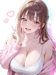 Rule 34 | 1girl, :d, absurdres, blush, breasts, brown eyes, brown hair, cleavage, collarbone, commentary request, hand up, heart, highres, indie virtual youtuber, large breasts, long hair, long sleeves, looking at viewer, off shoulder, open mouth, sakurane non, simple background, smile, studiopokotan, teeth, upper body, upper teeth only, white background