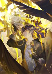Rule 34 | 2boys, arm ribbon, black coat, black gloves, black pants, blood, blood on face, blood on hands, blue eyes, bodysuit, caelus (honkai: star rail), closed mouth, coat, commentary, covered eyes, cowboy shot, dr.k, english commentary, fingerless gloves, gauntlets, gloves, gold blood, grey hair, hair between eyes, hair over eyes, halo, halo behind head, hand on another&#039;s head, heterochromia, highres, honkai: star rail, honkai (series), hood, hooded coat, lapels, long sleeves, looking at another, looking down, male focus, multiple boys, official alternate costume, official alternate eye color, open clothes, open coat, pants, phainon (honkai: star rail), phainon (khaslana) (honkai: star rail), purple bodysuit, ribbon, shirt, short hair, shoulder spikes, smile, spikes, standing, t-shirt, teeth, trailblazer (honkai: star rail), two-sided coat, two-sided fabric, white shirt, yellow coat, yellow eyes