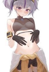 1girl black_gloves breasts cowboy_shot drilley_(nikke) earrings gloves goddess_of_victory:_nikke grey_hair habi_(habi_140) highres jewelry midriff multicolored_hair navel purple_eyes purple_hair short_twintails small_breasts solo thigh_gap twintails two-tone_hair white_background