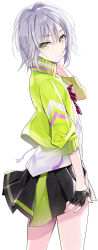 1girl black_gloves black_skirt bow closed_mouth diagonal_stripes fingerless_gloves gloves green_eyes green_jacket grey_hair hair_between_eyes hand_up highres hinomori_shiho jacket long_sleeves looking_at_viewer looking_back open_clothes open_jacket pleated_skirt project_sekai puffy_long_sleeves puffy_sleeves red_bow shirt simple_background skirt solo standing striped_bow white_background white_shirt youta