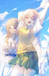 Rule 34 | 2girls, absurdres, bang dream!, bang dream! it&#039;s mygo!!!!!, blue eyes, blush, brown hair, brown sweater vest, chihaya anon, chinese commentary, closed eyes, commentary request, day, fang, green skirt, haneoka school uniform, highres, kanato04249580, long hair, multiple girls, nagasaki soyo, open mouth, outdoors, pink hair, pleated skirt, school uniform, shirt, skin fang, skirt, sky, stretching, sweater vest, tsukinomori school uniform, white background, white shirt