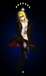 1boy abs absurdres black_nails black_pants black_shoes blonde_hair blue_eyes coat diamond_(shape) fate/grand_order fate_(series) flapper_shirt fui_(fui29493452) gun handgun highres holding holding_gun holding_weapon light_particles light_smile long_hair long_sleeves male_focus medallion original pants pectorals shadow shirt shoes solo star_(symbol) star_symbol_background sunglasses tezcatlipoca_(fate) tezcatlipoca_(first_ascension)_(fate) trench_coat underlighting weapon