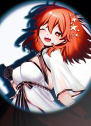 1girl arm_up artist_name black_gloves bow breasts cleavage dress earrings fate/grand_order fate_(series) fujimaru_ritsuka_(female) fujimaru_ritsuka_(female)_(fgo_fes._2025) gloves grin hair_between_eyes jewelry kr38roka medium_breasts one_eye_closed orange_hair shadow short_hair short_sleeves shrug_(clothing) single_earring smile solo spotlight star_(symbol) star_in_eye symbol_in_eye teeth upper_body white_dress white_shrug wide_sleeves