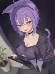 00s1g00 1girl animal_ears blush breasts cat_ears cat_girl cat_tail choker doorway handheld_game_console holding holding_handheld_game_console hololive large_breasts looking_at_viewer nekomata_okayu nekomata_okayu_(1st_costume) nintendo_switch purple_eyes purple_hair standing sweater tail