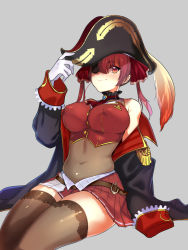 1girl ascot belt bicorne black_jacket blush breasts brown_belt brown_thighhighs epaulettes eyepatch gloves grey_background hair_between_eyes hair_ribbon hat hololive houshou_marine jacket jewelry kukumomo large_breasts leotard off_shoulder pirate_hat pleated_skirt red_ascot red_eyes red_hair red_ribbon red_skirt ribbon see-through_clothes see-through_leotard simple_background sitting skirt solo thighhighs twintails virtual_youtuber white_gloves