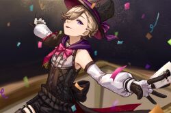 Rule 34 | 1boy, asymmetrical bangs, back bow, black gloves, black hat, blonde hair, bow, bowtie, cape, confetti, detached sleeves, facial mark, genshin impact, gloves, hat, highres, huiyue1016, lyney (genshin impact), male focus, multicolored gloves, one eye closed, pink bow, pink bowtie, purple cape, purple eyes, solo, top hat, white gloves, white sleeves
