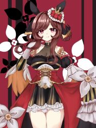 1girl animal_ears bare_shoulders black_dress black_ribbon braid braided_hair_rings breasts brown_hair closed_mouth clothing_cutout commentary_request corset dress ear_ornament flower gentildonna_(umamusume) gloves hair_ribbon hair_rings hand_up highres horse_ears horse_girl long_hair long_sleeves medium_breasts mensoreimuremu pink_flower red_corset red_skirt ribbon shoulder_cutout showgirl_skirt sidelocks skirt smile solo swept_bangs thighs twin_braids umamusume variant_set white_gloves