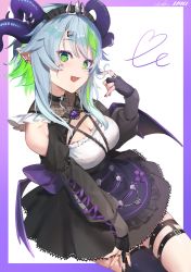 1girl bare_shoulders black_gloves black_nails black_thighhighs blue_hair border breasts bridal_gauntlets apricot_the_lich choker cleavage commentary commission cowboy_shot demon_wings dress dutch_angle earrings english_commentary eyes_visible_through_hair eyeshadow facial_mark facial_tattoo fang fishnets frills gloves green_eyes green_hair hair_between_eyes hair_ornament twirling_hair highres horn_piercing horns jewelry lace-up_sleeves long_sleeves looking_at_viewer makeup medium_breasts mini_wings multicolored_hair multicolored_nails multiple_horns nail_polish open_mouth outside_border pointy_ears purple_border purple_eyeshadow purple_horns purple_nails ring second-party_source short_hair_with_long_locks sidelocks signature simple_background single_thighhigh skeb_commission skin_fang skindentation smile solo tattoo thigh_strap thighhighs tiara virtual_youtuber vshojo white_background wings yuuki_uyu