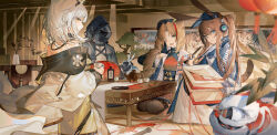3girls ;d absurdres amiya_(arknights) amiya_(newsgirl)_(arknights) aniao_ya animal_ears arknights bare_shoulders black_coat black_gloves black_headwear black_thighhighs blonde_hair blue_eyes blush bonsai brown_hair calligraphy_brush cat_ears closed_mouth coat cup detached_collar doctor_(arknights) dress ears_through_headwear gloves green_dress green_eyes grey_hair highres holding holding_cup holding_scissors indoors jewelry kal&#039;tsit_(arknights) lantern long_hair long_sleeves looking_at_viewer looking_back mask material_growth multicolored_hair multiple_girls multiple_rings off_shoulder official_alternate_costume one_eye_closed open_clothes open_coat open_mouth oripathy_lesion_(arknights) paintbrush paper_lantern ponytail rabbit_ears red_dress red_eyes ring scissors seiza short_hair signature sitting smile streaked_hair swire_(arknights) swire_(honor_and_splendor)_(arknights) table tail teapot thighhighs tiger_ears tiger_girl tiger_tail two-tone_hair vase very_long_hair white_coat