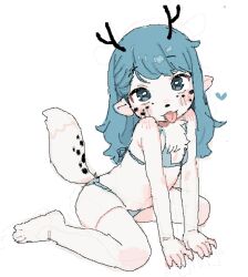 1girl :3 animal animal_hands antlers bikini blue_bikini blue_eyes blue_hair blush claws deer_antlers deer_girl deerfox_(hilda) flat_chest fox_girl fox_tail freckles furry fusion heart hilda_(hilda) hilda_(series) horns loli long_hair looking_at_viewer pointy_ears possummachine sitting sketch smile swimsuit tail thighhighs tongue tongue_out twig_(hilda) white_background white_fur white_thighhighs