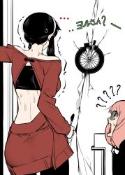 19layer 2girls anya_(spy_x_family) bare_shoulders black_hair blush breasts dress earrings gold_earrings hairband hairpods highres jewelry large_breasts long_hair long_sleeves multiple_girls muscular muscular_female open_mouth pantyhose pink_hair ponytail red_sweater sidelocks skirt spy_x_family sweater two-sided_dress two-sided_fabric white_hairband yor_briar