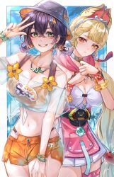 2girls alice_thymefield alice_thymefield_(sea_of_thyme) animal_ears belle_(summer_skies)_(zenless_zone_zero) belle_(zenless_zone_zero) bikini bikini_under_clothes bikini_under_shorts blonde_hair blue_sky bracelet breasts bucket_hat character_name cleavage commentary cowboy_shot green_eyes grin hair_between_eyes hands_up hat heterochromia highres jewelry long_hair looking_at_viewer low_twintails multiple_girls navel necklace official_alternate_costume orange_shorts outside_border purple_hair rabbit_ears rabbit_girl red_eyes see-through_clothes see-through_shirt shirt shorts shy sky smile sphere_hair_ornament standing stomach swimsuit thigh_strap twintails very_long_hair w_over_head white_shirt yellow_eyes yoru_shiki zenless_zone_zero