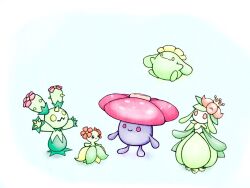 bellossom black_eyes blue_background blue_skin closed_mouth colored_skin commentary_request crown fireblast floating gen_1_pokemon gen_2_pokemon gen_5_pokemon green_hair green_skin lilligant maractus nintendo no_humans pokemon pokemon_(creature) red_eyes skiploom smile spikes vileplume wavy_mouth white_skin yellow_eyes