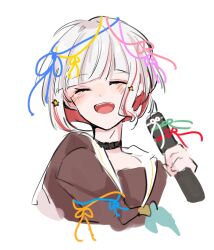 1girl :d ^_^ aqua_neckerchief blue_ribbon blush brown_dress closed_eyes commentary diploma_tube dress facing_viewer graduation green_ribbon hair_ornament hasu_no_sora_school_uniform highres holding link!_like!_love_live! long_sleeves love_live! neckerchief open_mouth orange_ribbon pink_ribbon purple_ribbon red_ribbon ribbon roku_aya_fuyu sailor_collar sailor_dress school_uniform simple_background smile solo star_(symbol) star_hair_ornament teeth upper_teeth_only virtual_graduation_commemoration virtual_youtuber white_background white_ribbon white_sailor_collar winter_uniform yellow_ribbon yugiri_tsuzuri