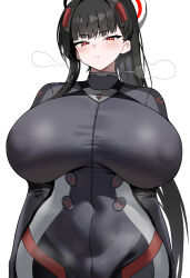 1girl absurdres black_hair blue_archive blush bodysuit breasts commentary covered_erect_nipples covered_navel dush_1154 halo highres huge_breasts impossible_bodysuit impossible_clothes long_hair parted_lips ponytail red_eyes rio_(blue_archive) rio_(bodysuit)_(blue_archive) simple_background solo very_long_hair white_background