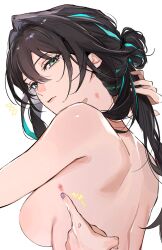 2girls adjusting_hair aqua_eyes aqua_hair black_hair breasts commentary herta_(honkai:_star_rail) hickey highres honkai:_star_rail honkai_(series) hwan_(mob_hwan) looking_at_viewer looking_back medium_breasts multicolored_hair multiple_girls nape notice_lines nude parted_lips purple_nails ruan_mei_(honkai:_star_rail) simple_background solo_focus streaked_hair symbol-only_commentary the_herta_(honkai:_star_rail) upper_body white_background yuri