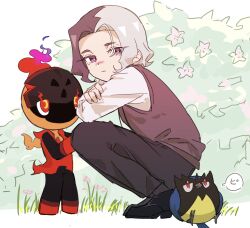 Rule 34 | 1boy, aged down, amethio (pokemon), black shoes, bright pupils, bush, charcadet, closed mouth, commentary request, copituji, flower, gen 8 pokemon, grass, highres, loose hair strand, male focus, multicolored hair, nintendo, pants, pink flower, pokemon, pokemon (anime), pokemon (creature), pokemon horizons, purple eyes, rookidee, shirt, shoes, short hair, speech bubble, squatting, tearing up, two-tone hair, vest, white pupils, white shirt