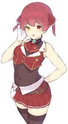 1girl :d absurdres bare_arms bare_shoulders bei_qi belt breasts brown_belt brown_eyes brown_leotard brown_thighhighs commentary covered_navel gloves hair_ribbon hand_up heterochromia highres hololive houshou_marine houshou_marine_(1st_costume) jacket leotard leotard_under_clothes medium_breasts open_mouth pleated_skirt red_eyes red_hair red_jacket red_ribbon red_skirt ribbon short_hair simple_background skirt sleeveless sleeveless_jacket smile solo symbol-only_commentary thighhighs twintails virtual_youtuber white_background white_gloves