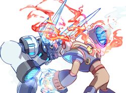 Rule 34 | 2boys, battle, blizzack staggroff, clenched hand, clenched hands, cowboy shot, deer, fiery horns, flame stag, horns, ice, ice horns, in-franchise crossover, looking at another, male focus, mega man (series), mega man x2, mega man x (series), mega man zero (series), mega man zero 3, multiple boys, non-humanoid robot, robot, robot animal, simple background, u wstr, white background, yellow eyes