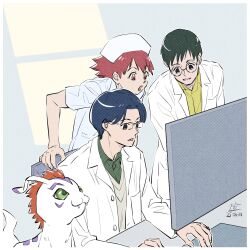 blue_hair computer digimon digimon_(creature) digimon_adventure_-beyond- fangs gomamon green_eyes green_hair kido_jo kido_shin motomiya_jun orange_hair pqtiger red_hair smile tail
