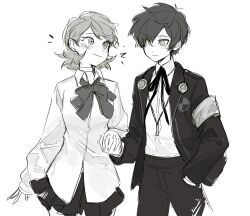 1boy 1girl armband blush bow bowtie cardigan choker gekkoukan_high_school_uniform hand_in_pocket headphones headphones_around_neck highres holding_hands looking_at_another miniskirt neck_ribbon persona persona_3 persona_3_reload ribbon rrrrrrrrrrrou1 school_uniform skirt smile takeba_yukari white_background yuuki_makoto_(persona_3)