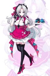 Rule 34 | 1girl, absurdres, ahoge, alternate costume, apron, black gloves, black thighhighs, blue eyes, bow, breasts, cake, cake slice, carlotta (wuthering waves), closed mouth, commentary, cup, dress, enmaided, food, fruit, full body, gloves, grey hair, hair bow, hand up, high heels, highres, holding, holding tray, kyundoo, long hair, looking at viewer, maid, medium breasts, multicolored eyes, parted bangs, pink bow, pink eyes, pink shoes, shoes, smile, solo, strawberry, striped bow, teacup, thighhighs, thighs, tray, two-tone eyes, very long hair, white dress, wuthering waves, zoom layer